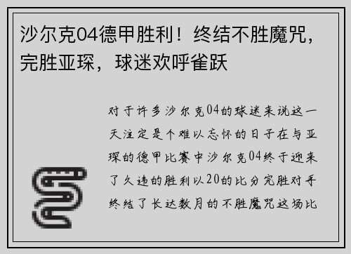 沙尔克04德甲胜利！终结不胜魔咒，完胜亚琛，球迷欢呼雀跃