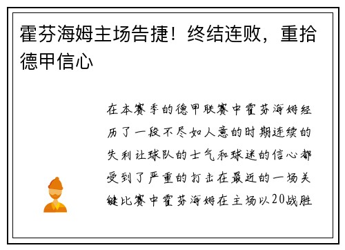 霍芬海姆主场告捷！终结连败，重拾德甲信心